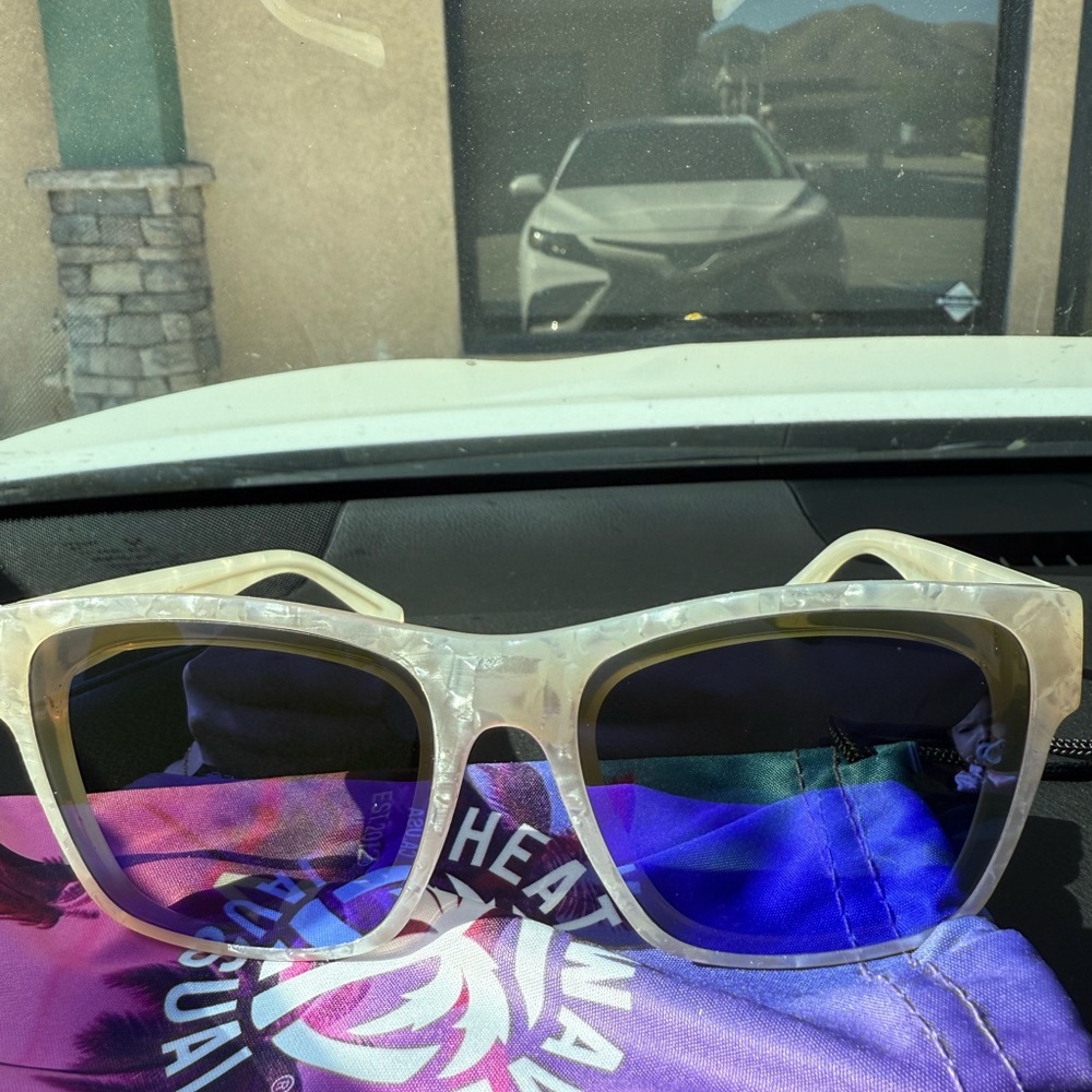 Cream and White Wayfarer Glasses with Blue Mirrored Lenses
